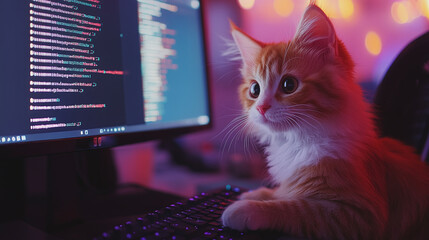 A curious orange-and-white cat sits at a keyboard, staring intently at a screen filled with lines of colorful code, surrounded by a glowing pink and purple ambiance.