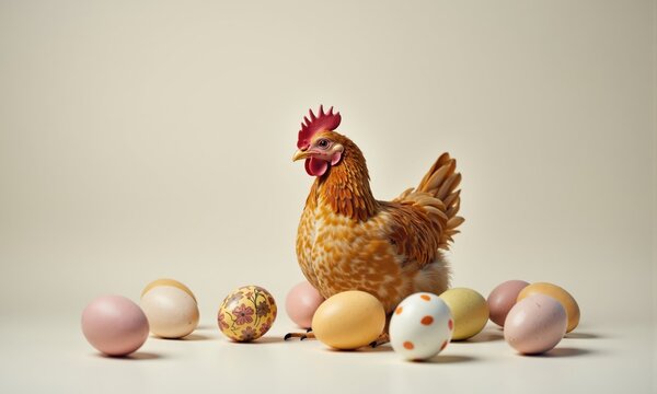 Light Brown Hen and Decorated Easter Eggs