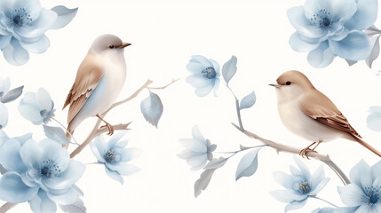 Delicate Birds on Branches with Soft Blue Flowers