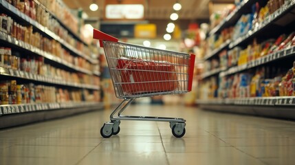 Empty shopping cart in supermarket aisle. Suitable for retail business, consumer shopping, and commercial spaces.