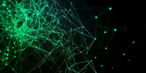 Abstract green network connections background with glowing dots and lines digitally generated image.