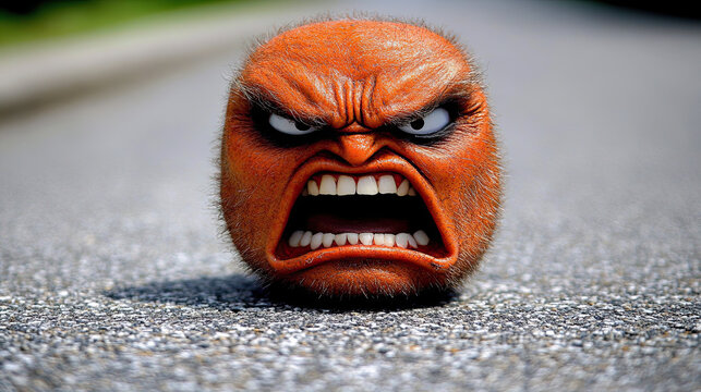 A Furious Orange Creature With a Menacing Expression Rolls on a Deserted Road During Daylight, Showcasing an Inventive Blend of Art and Emotion