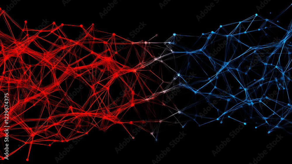 Wall mural abstract background shows interconnected red and blue network on a black background