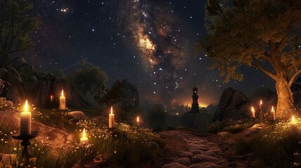 Serene night landscape with glowing candles, starry sky, and distant tower amidst nature