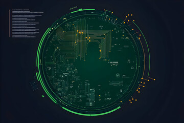 Futuristic Green Circuit Board Shows Technology and Data Analysis with Glowing Lines and Nodes.