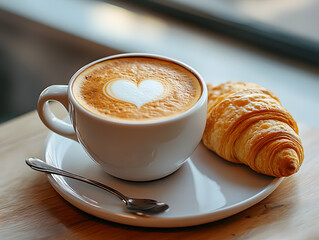 Croissant and cappuccino with foam heart design