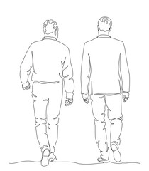 2 businessmen talking and walking away. Back view. Continuous line drawing. Black and white vector illustration in line art style.