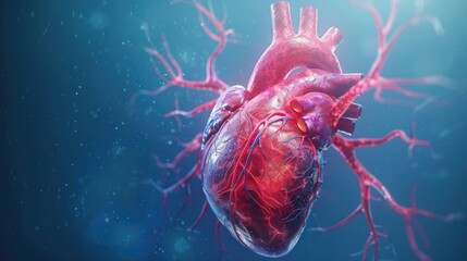 Obraz premium Realistic 3D rendering of a human heart with detailed arteries against a soft blue background