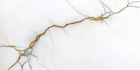 A close-up of white marble with delicate cracks repaired using the Japanese art of Kintsugi, where molten gold fills the fractures