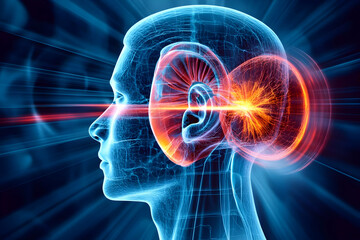 3D Illustration of Human Head with Energy Waves Flowing Through the Brain and Ear