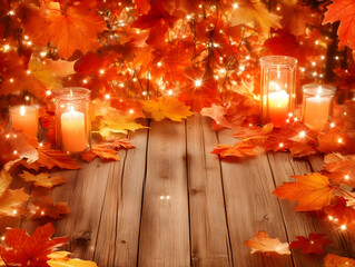 Autumn Leaves and Candles Create a Warm and Inviting Scene on a Rustic Wooden Table