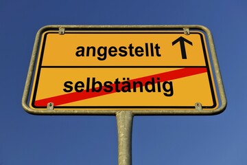 Obraz premium City limit sign, leaving selbstaendig, entering angestellt, German for leaving self-employment, entering employment