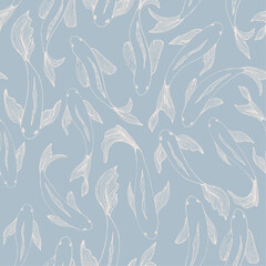 Vector hand drawn pattern with fishes on blue background
