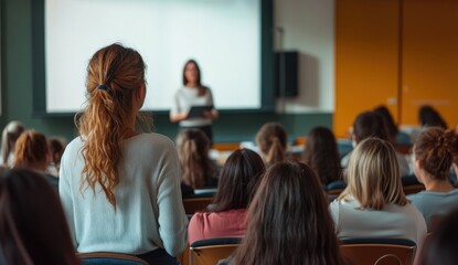 Fototapeta premium Students are sitting in front of a blackboard in a classroom