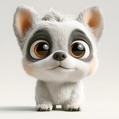 Obraz premium Adorable Cartoon Lemur Puppy Cute Baby Animal Big Eyes 3D Render Fluffy Fur White Grey