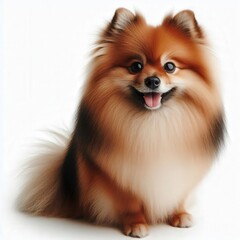 Obraz premium A cheerful pomeranian dog displays its thick, fluffy coat while sitting contentedly, exuding an aura of joy and cuteness in a bright, minimalist setting