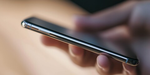 A close-up shot of a person holding a sleek, modern smartphone with a metallic edge