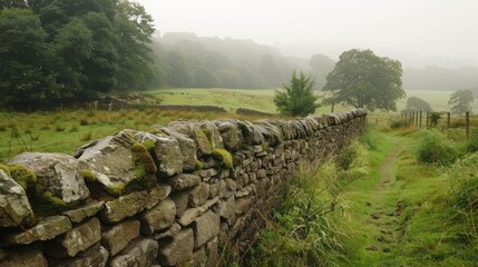 Serene countryside path beside an ancient stone wall in a misty landscape with lush greenery