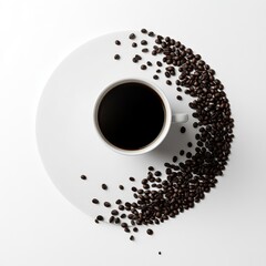 A cup of black coffee was placed on a white plate filled with scattered dark brown beans