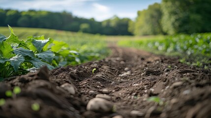 Close-up view of freshly tilled soil with emerging plants in a lush green field under blue skies