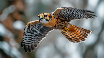 Majestic falcon in flight, vibrant plumage, sharp focus.