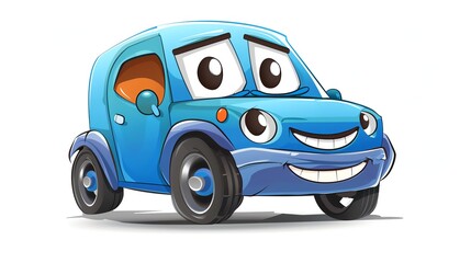 A cartoon blue car with a smiling face.