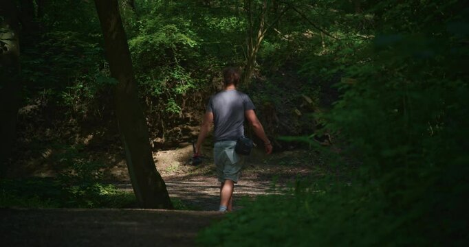 Young male photographer walking through forest, hitting a crossection and looking around to make a decision