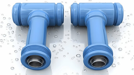 Two Blue Plastic Plumbing Pipes with Metal Fittings Rest on a Wet Surface with Water Droplets