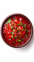Fresh Tomato Salsa in a Bowl Garnished with Cilantro and Onion, on White Background.