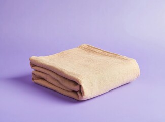 Photo of a folded beige kitchen towel on a purple background, front view. The cloth is made from linen fabric and has a smooth texture. 