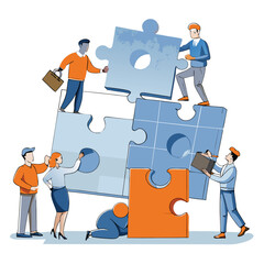 Employees working together on a giant jigsaw puzzle of a business plan Illustrator Artwork