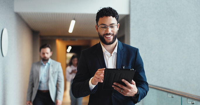 Man, tablet and manager planning in hotel, contemplating growth and consulting for hospitality. Business, male person and website on customer service at lodge, professional and online for booking