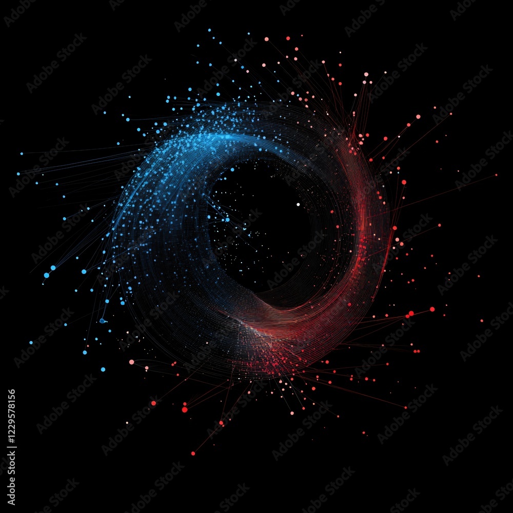 Wall mural abstract swirling data visualization red and blue interconnected nodes and lines on black background