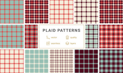 Plaid pattern collection with traditional Scottish checks, ideal for textiles, clothes, and classic shirt fabrics in rustic tones.