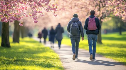 Obraz premium Two people walking under blooming cherry blossom trees in spring