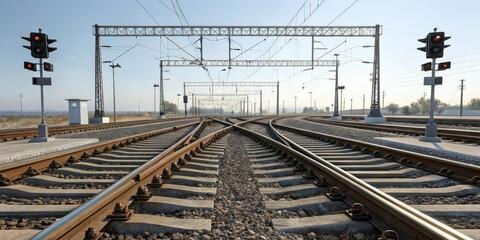 Fototapeta premium Railway track with multiple switches and interchanges in a complex layout, train, rail transport, logistics, freight