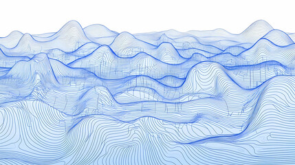 Abstract Blue Contour Lines Form a Rolling Landscape with Peaks and Valleys Against a White Background