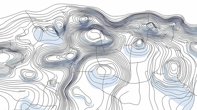 Abstract Topographic Contour Lines Form Intricate Patterns Gracefully Across a White Canvas with Blue Accents