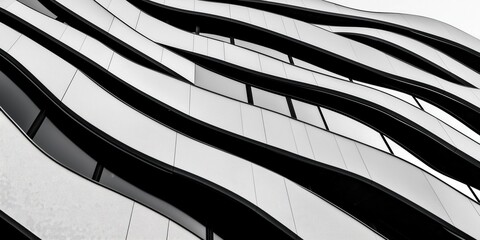 A high-contrast black and white close-up of a modern architectural facade with undulating, wave-like patterns