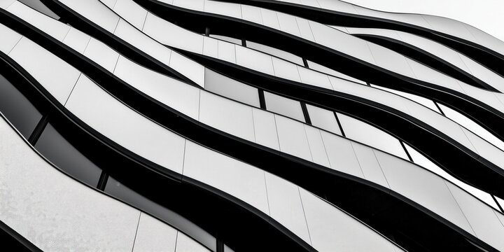 A high-contrast black and white close-up of a modern architectural facade with undulating, wave-like patterns