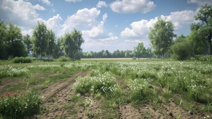 Obraz premium Lush green meadow under a bright blue sky with fluffy clouds and distant trees, ideal for nature scenes