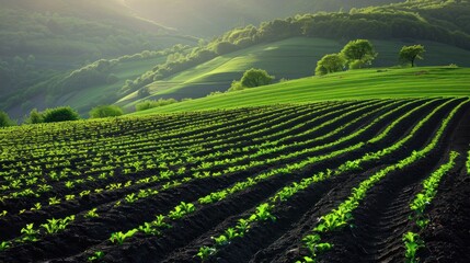 Lush green fields with rows of young plants basking in sunlight on rolling hills at dawn