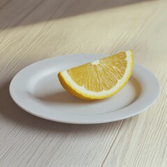 Freshly sliced lemon rests on a minimalistic white plate under soft lighting in a cozy space