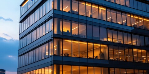 Obraz premium A high-rise office building at night with illuminated windows revealing glimpses of busy workplaces