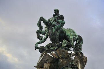 Centaur Fountain in winter, inaugurated in 1890, by sculptor Rudolf Maison, Bahnhofsplatz, Fuerth, Middle Franconia, Bavaria, Germany, Europe