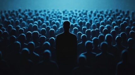 Obraz premium Colorful silhouette pf person standing in monochrome crowd of different people,surreal unique and different concept,loneliness in society,shadow,freedom,Love,be yourself,Stand out from the crowd.