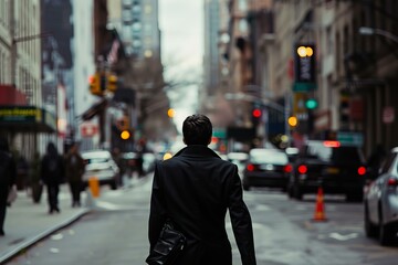 Businessman is walking down a busy new york city street