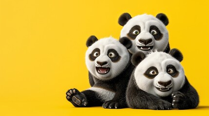 Fototapeta premium Three cartoon pandas smile for the camera.