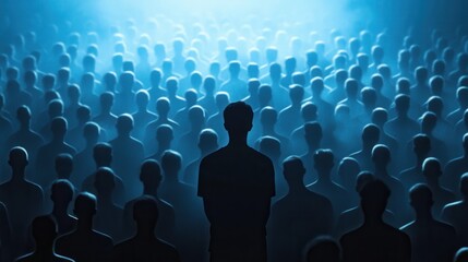 Obraz premium Colorful silhouette pf person standing in monochrome crowd of different people,surreal unique and different concept,loneliness in society,shadow,freedom,Love,be yourself,Stand out from the crowd.