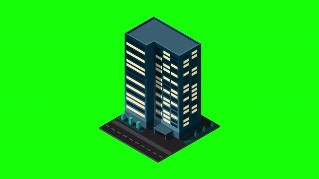 Isometric city building at night animation. Isometric modern building. Skyscraper building or business office. Motion graphic